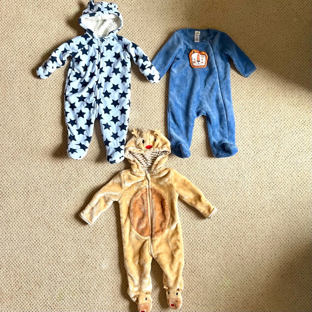Baby Boy‎ Little Beginnings Cozy Footed Pajamas Zip Up Size 6 Month Set of 3